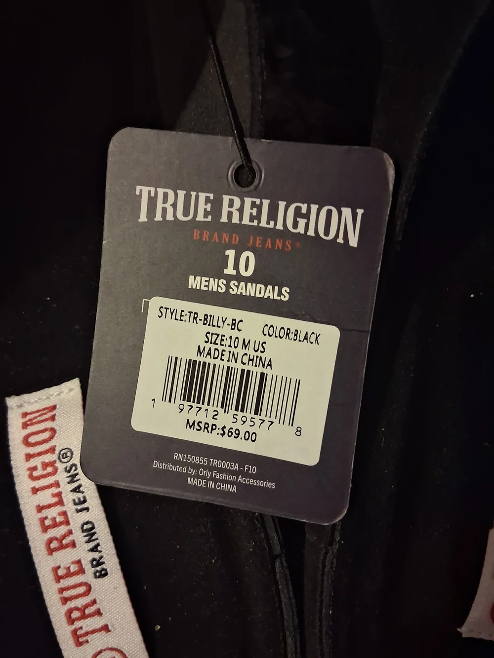 True Religion Black Suede Slide Sandals with Gold Logo Accent